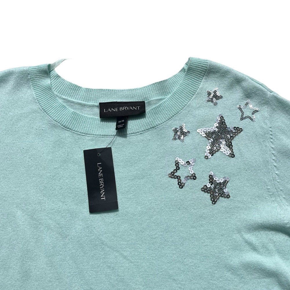 Lane Bryant Womens Plus 14/16 Mint Green Teal Sequin Star Knit Sweater NWT Party